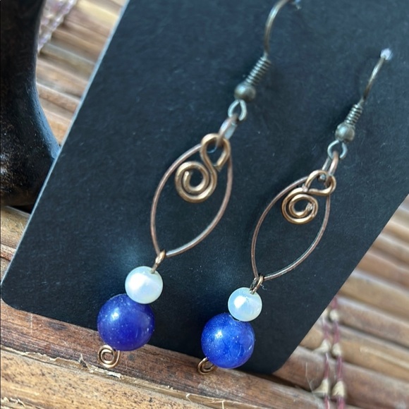 Handcrafted lapis lazuli, moonstone artisan-style wire-wrapped dangle earrings - Picture 2 of 5